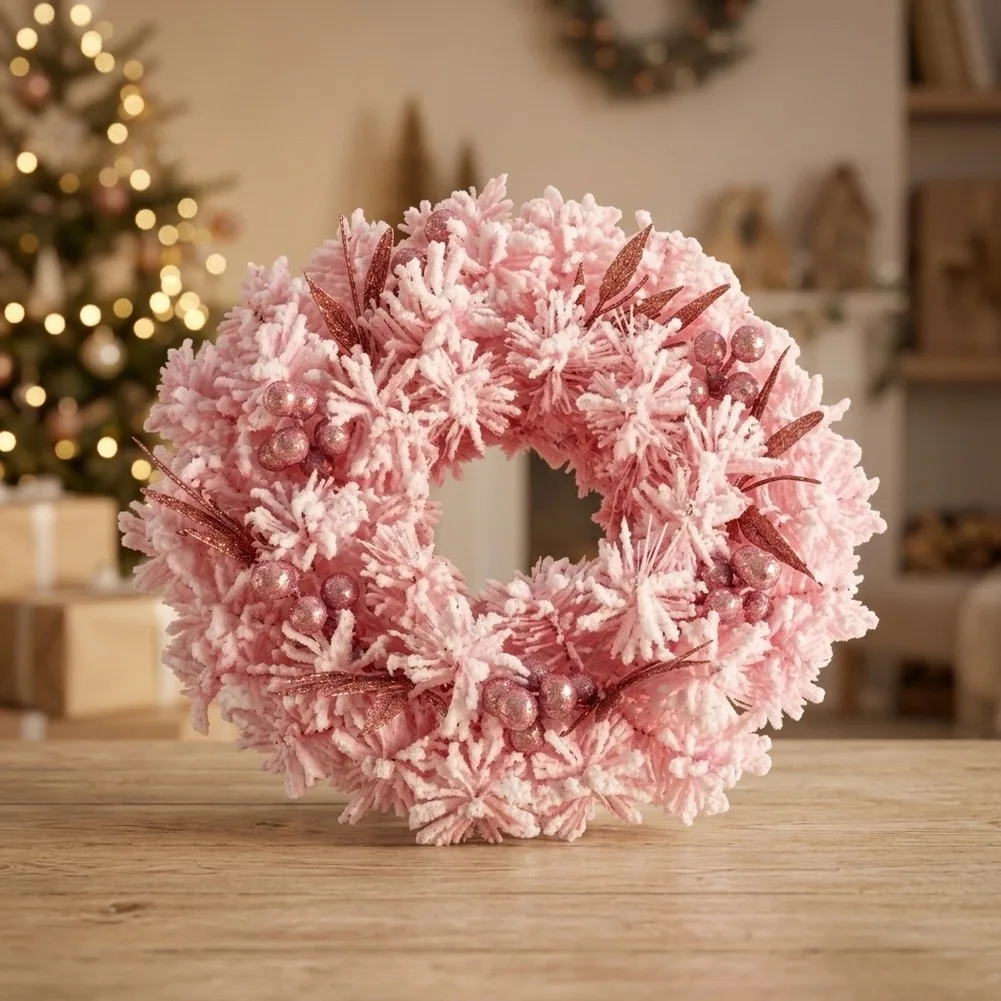 Pink Christmas Candle Ring Decor with Frosted Foliage and Berry Accents for Tabletop Mantel Shelf Display 28x28x8cm