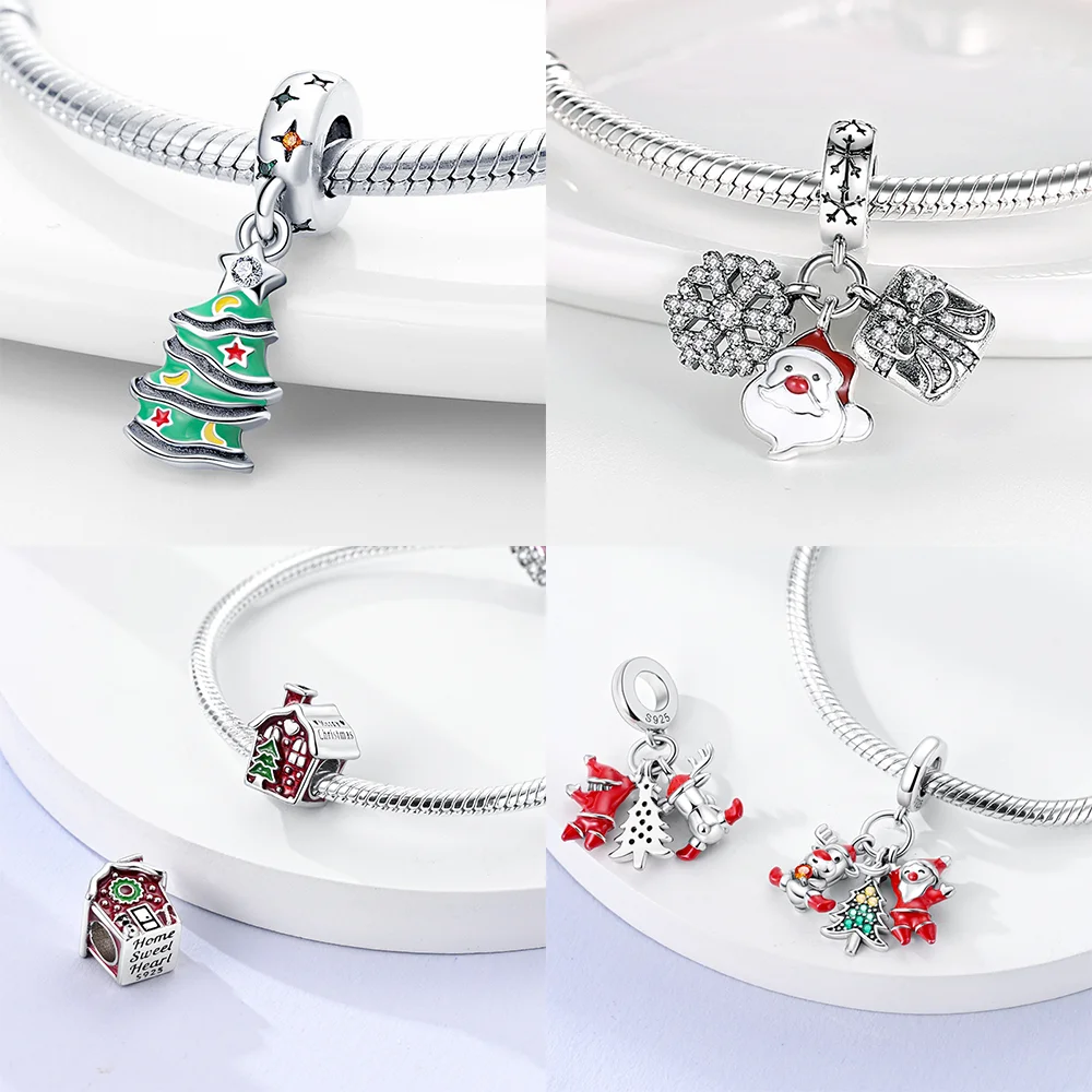 S925 Silver Christmas Snowflake Charms Heart Shaped Shiny Zircon Bead Fit Original Bracelet Diy Fine Jewelry Christmas Gift
