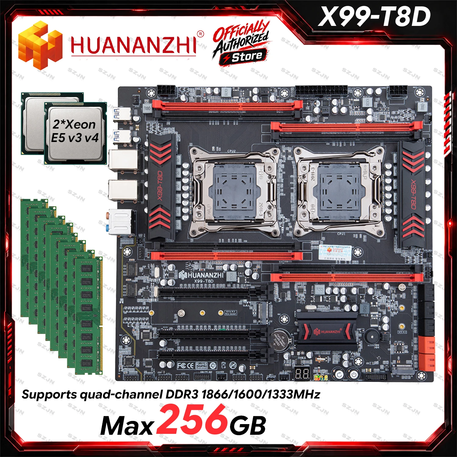 X99 T8D Dual CPU Motherboard Combo with E5 V3 V4 DDR3 Max 256GB 1866MHz Support M.2 NVME NGFF USB3.0 Server X99 Mainboard Kit