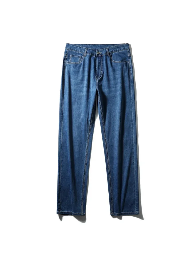 

Spring Summer New Sle American Pure Cotton Waed Lightweight Elastic Breathable Blue Casual Loose Straight Leg Men's Jeans