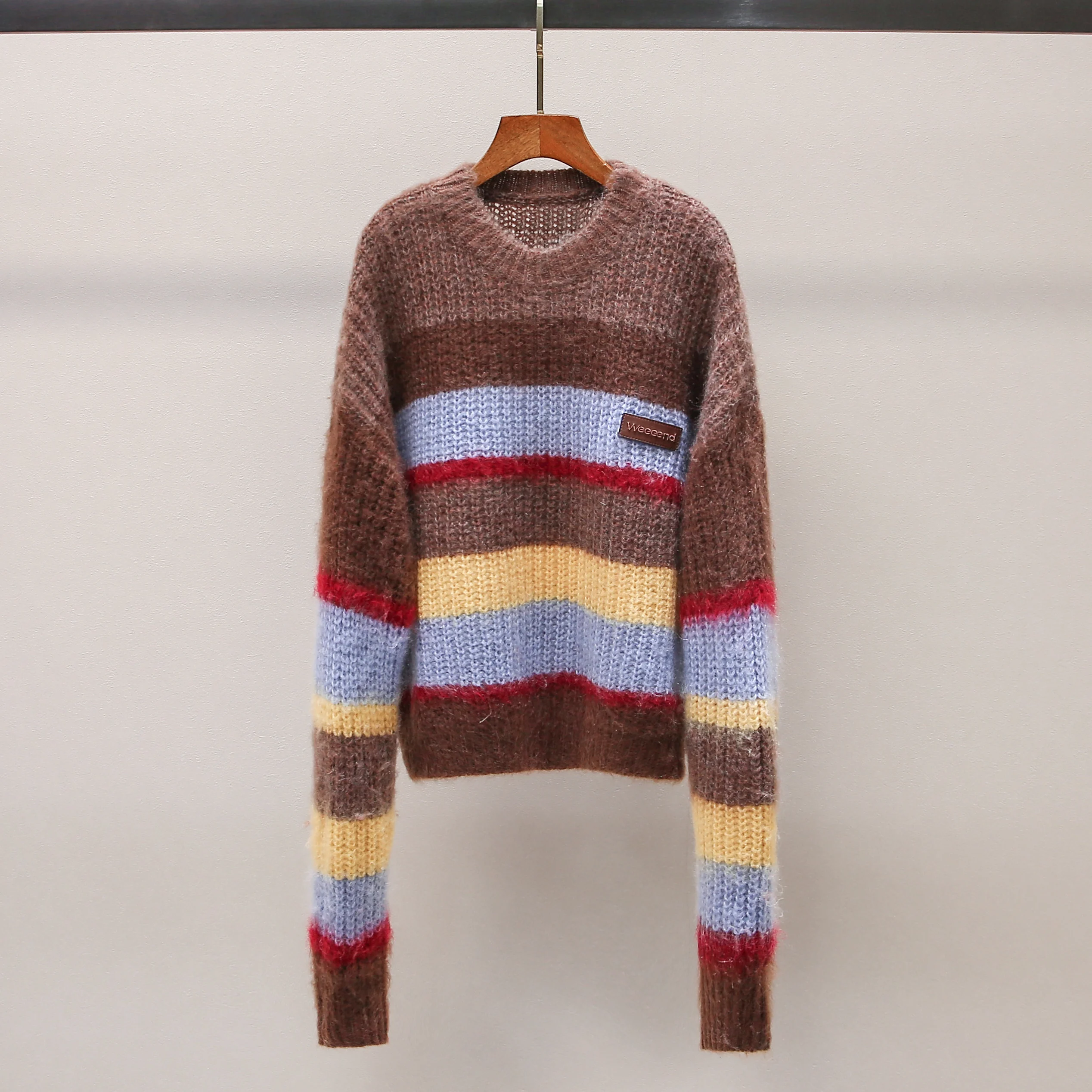 

Winter Design Knitted Sweater Color Blo Stripe round Ne Long Sve Patchwork Women's Faion College Sle Knitwear