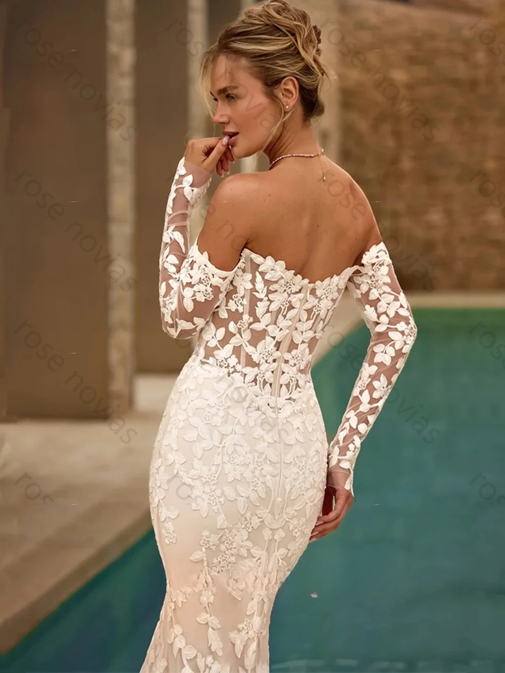 Robe De mariée sirène De haute qualité, personnalisée, col en V, manches longues, dentelle appliquée, fermeture éclair, traîne De balayage
