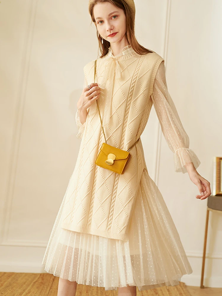 

OLrain Apricot Women's Suit 2025 Casual Mesh Dots Flare Sleeve Dress Knit Slit Sleeveless Vestdresses Evening Overalls20CLA28222