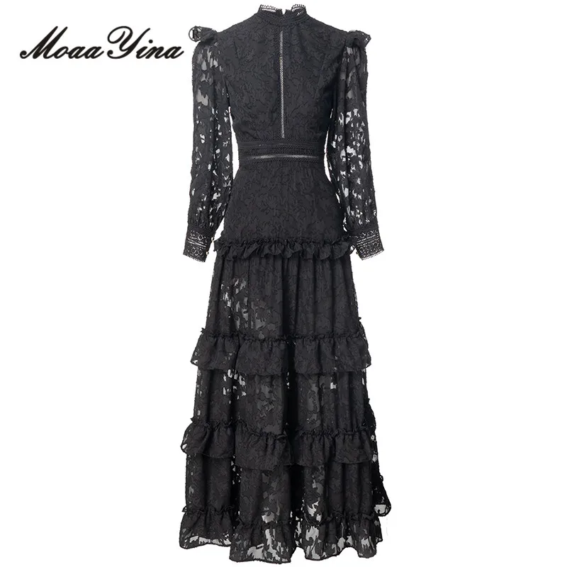 

MoaaYina Autumn Fashion Designer Black Vintage Lace Dress Women's Lantern Sleeve Embroidery Ruffles High Waist Slim Long Dress
