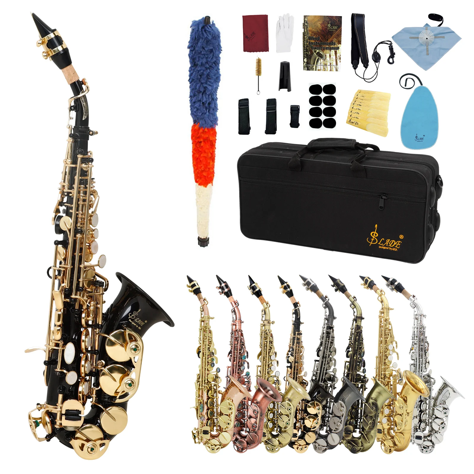 SLADE Soprano Saxophone Bb Flat Sax Brass Body Professional Woodwind Instrument with Case Reed Neck Strap Saxophone Accessories