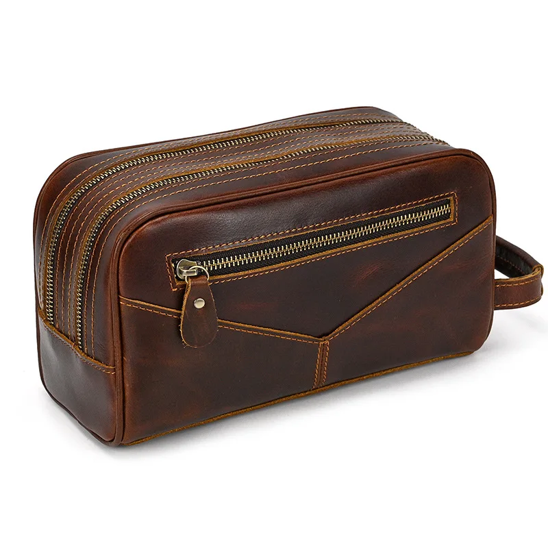 Sac à Main en Cuir group pour Homme et Femme, Accessoire de Rangement de Grande Capacité, Double Fermeture Éclair, Trousse de Maquillage Décontractée, Trousse Cosmétique