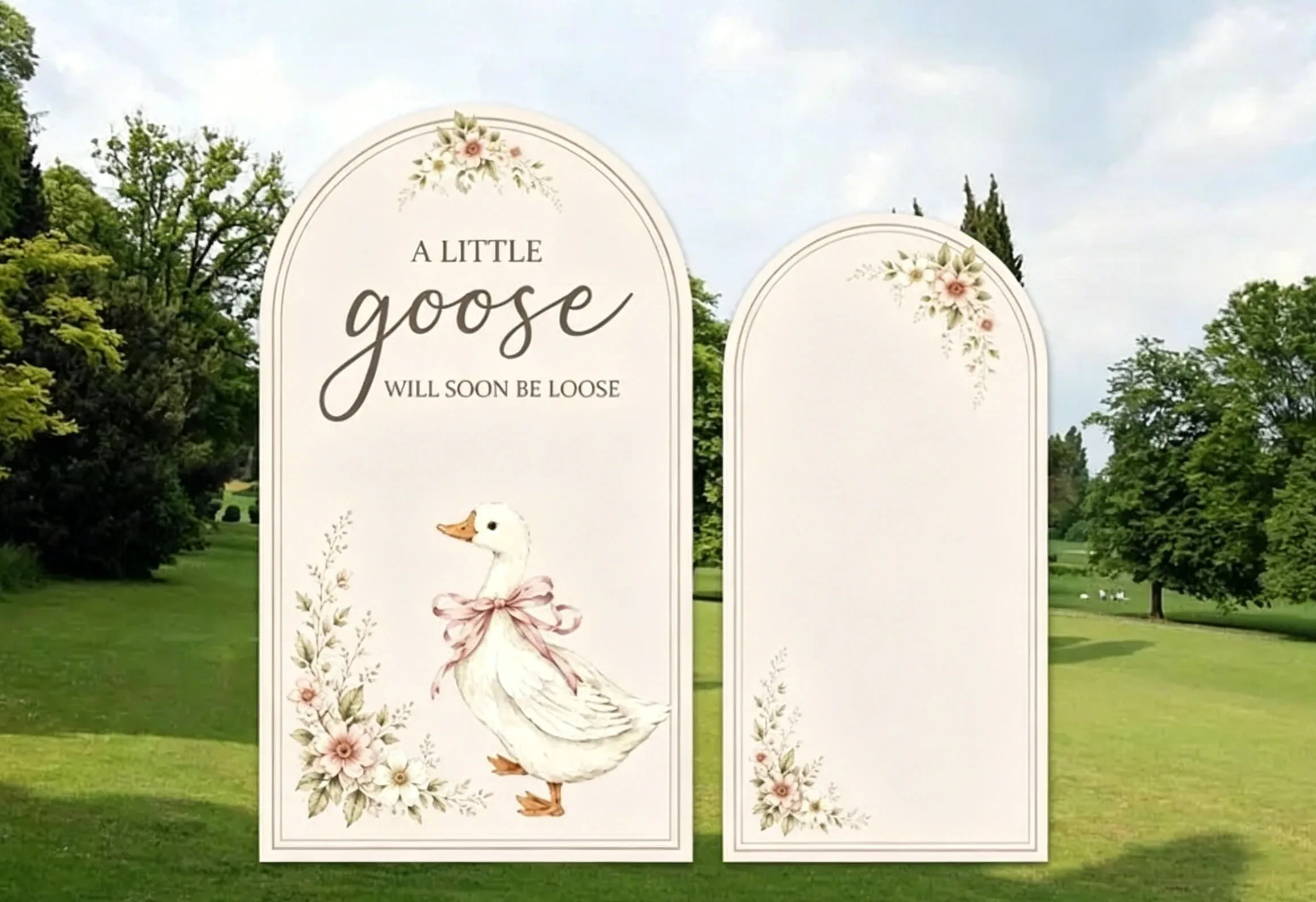Custom 2-Side Silly Goose Baby Shower Arch Backdrop Cover Beige Floral Duck Goose Diy Name Age Birthday Party Decor Backdrop