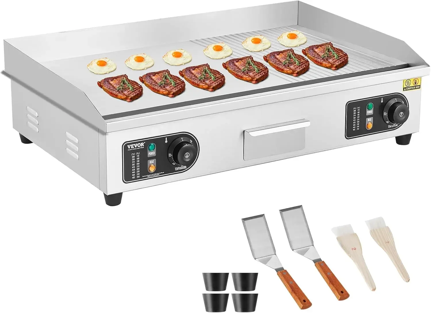 Countertop Half-Flat Top Grill, 29in Stainless Steel Griddle Grill with 2 Shovels and 2 Brushes for Home or Restaurant, 122℉-572