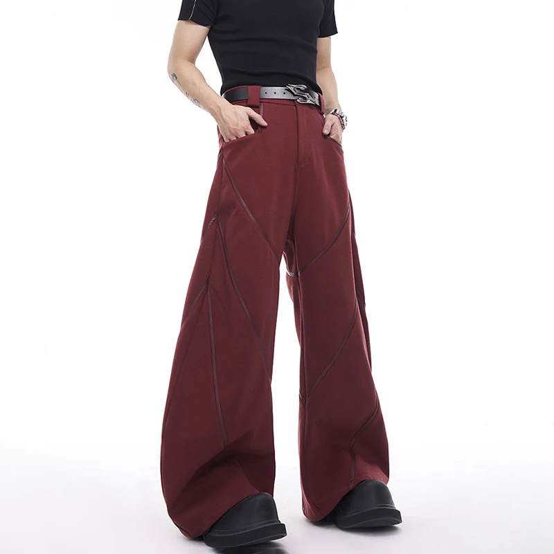 LUZHEN High End Curved Knife Splicing Leather Casual Pants Men's Autumn Solid Color Wide Leg Trousers Versatile American LZ8023