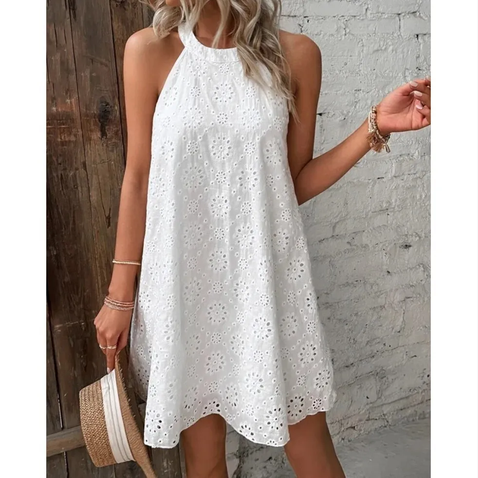 2024 Women's Girls dresses Summer New Comfortable and cool Halter round neck Keyhole embroidery Lined