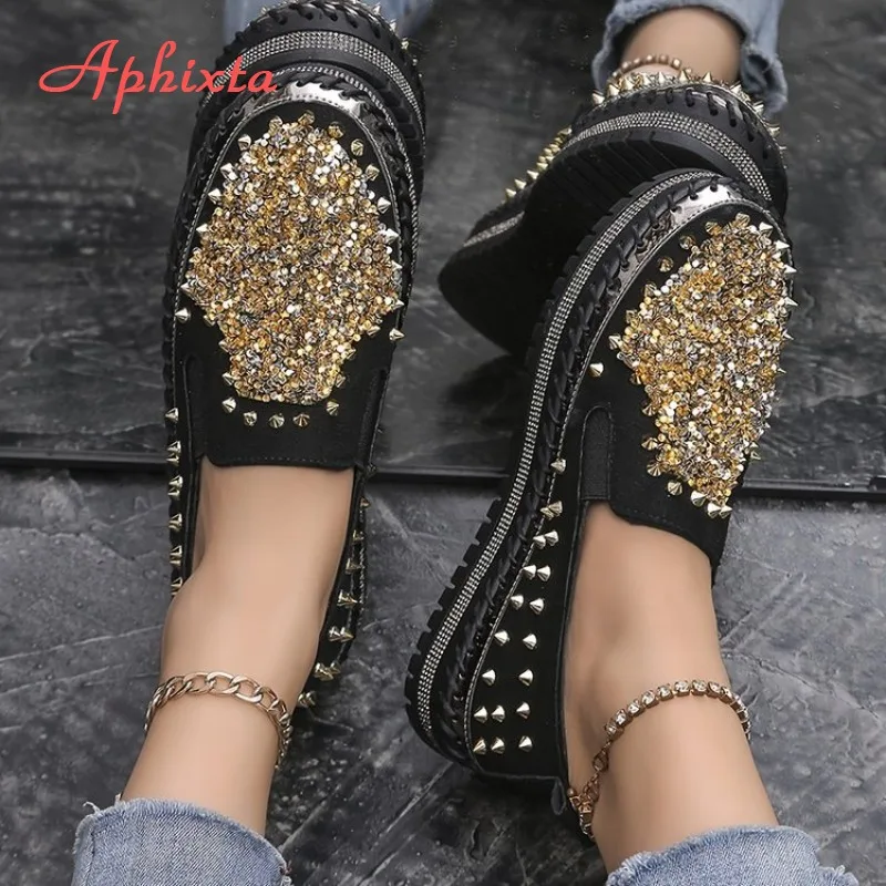 

Aphixta Punk Women's Rhinestone Rivet Flats Crystal Embellished 4cm Loafers Comfortable Platform Casual Shoe for Daily Party