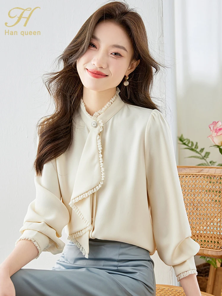 H Han Queen 2024 New Arrival Women\'s Clothing Sales Vintage Work Casual Tops Chiffon Blouses Elegant Ruffles Loose Women Blouse