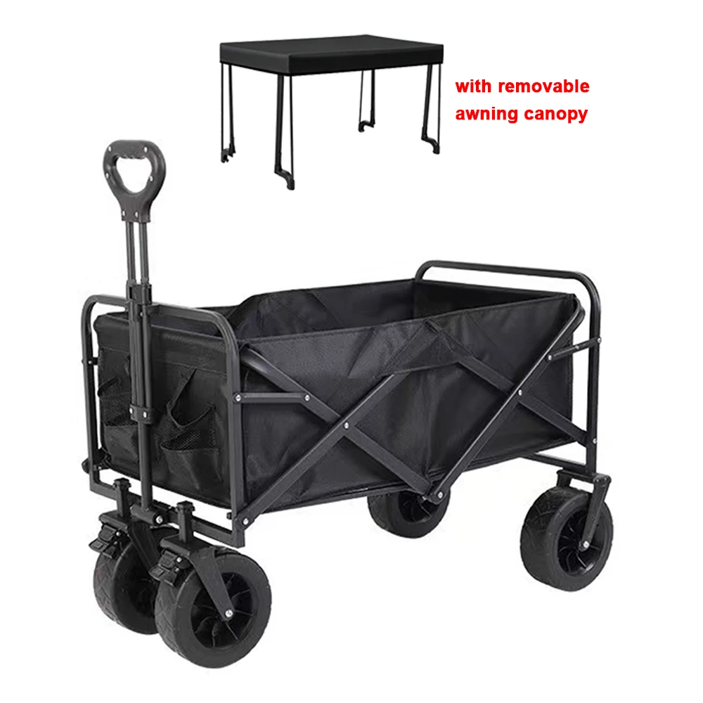 Chariot de jardin pliable grande capacité, chariot robuste avec auvent amovible pour le camping en plein air et la plage