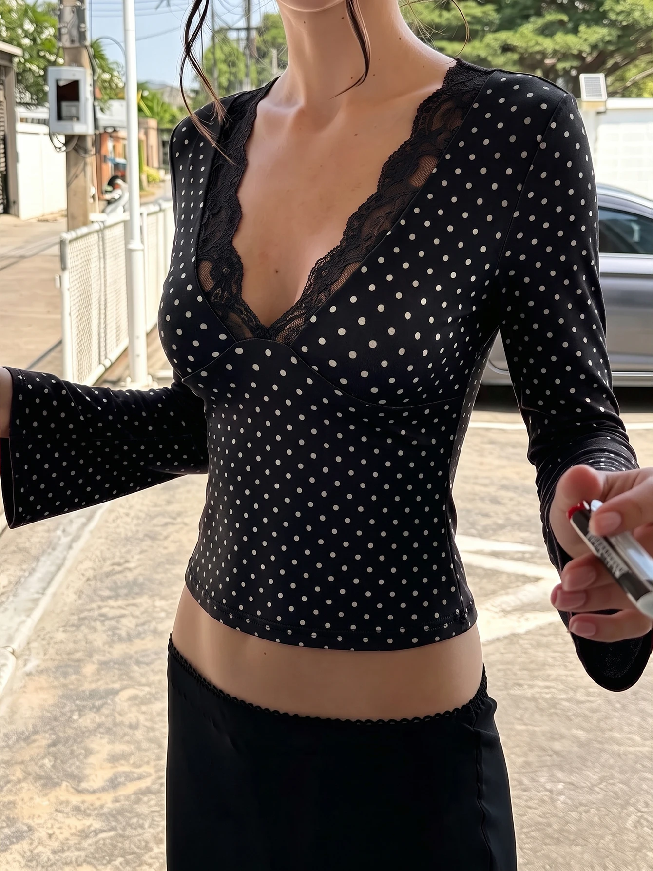 Dulzura V-Neck Long Flare Sleeve Lace Ruffles Polka Dot T-Shirt Women'S Vintage Sexy Casual Y2K Top Office Street Autumn Clothes