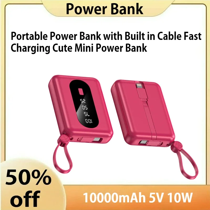 

10000mAh 5V 10W Portable Power Bank with Built in Cable Fast Charging Cute Mini Power Bank