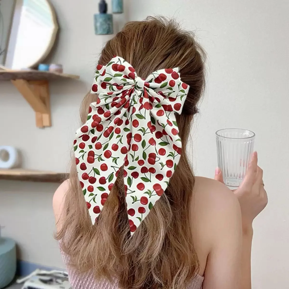 الكرز طباعة طبقة مزدوجة القوس الربيع كليب عنبية العنب التعادل صبغ النسيج طويل غاسل لطيف إكسسوارات الشعر للنساء