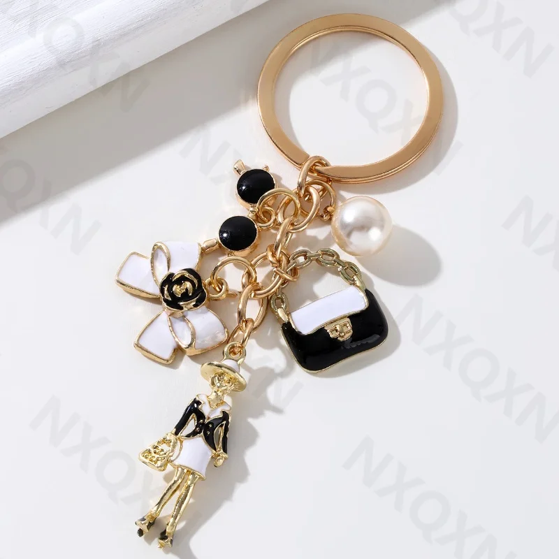 Pretty Bow Knot Handbag Hat Elegant Women Enamel Keychain Preal Key Ring For Girls Friendship Gift Handmade DIY Jewelry Set