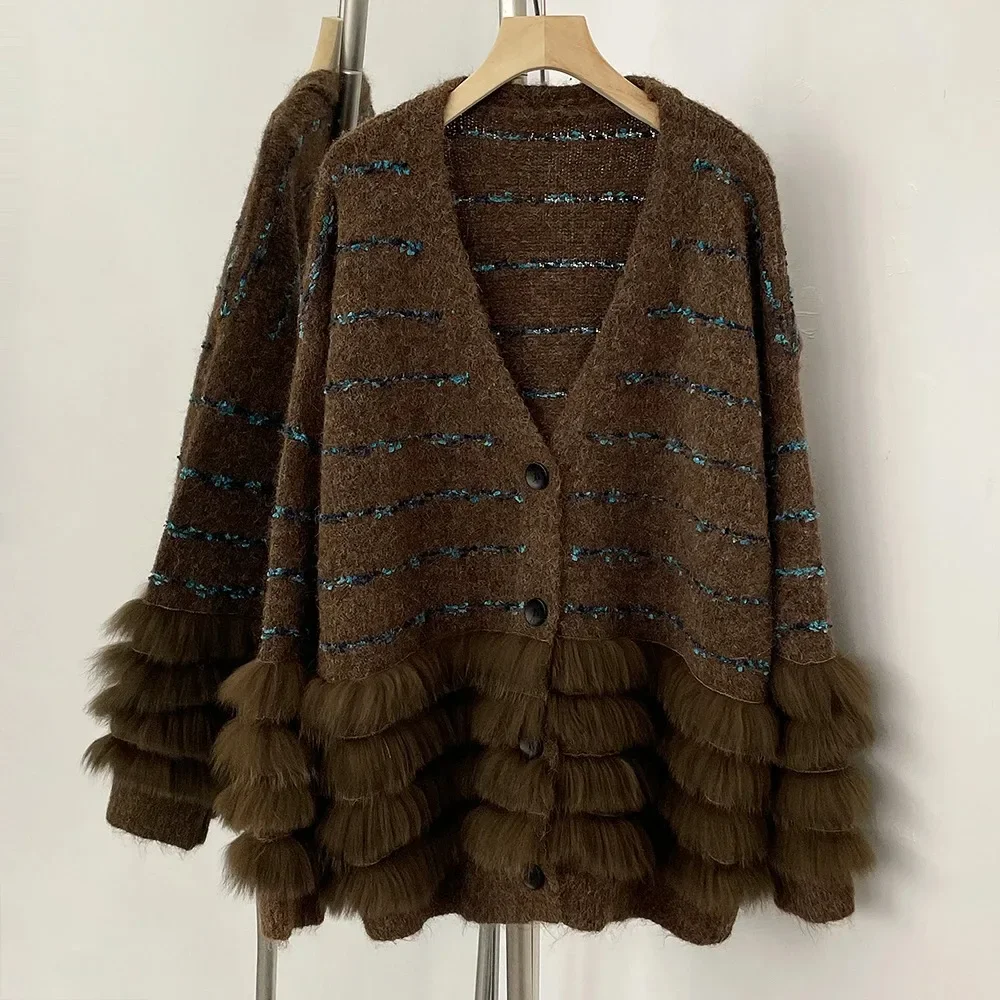 

New Cardigans Autumn Top Knitwear Real Fox Fur Lady Real Fur Coat Female Clothing Knitted Stripe Spring V-neck Sweater Women