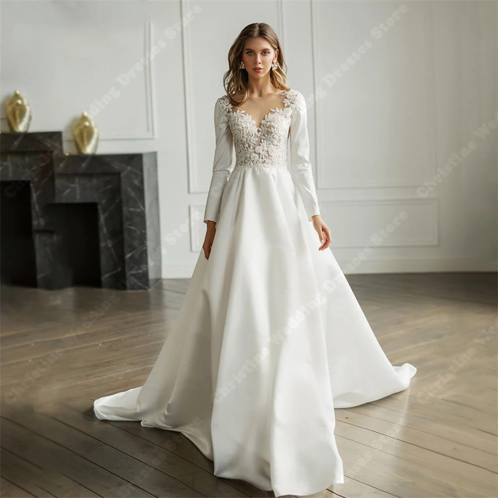 Elegant Long Sleeves Wedding Dresses Sweetheart Collar Mopping Length A-Line Bridal Gowns Newest Custom Made Vestidos De Noivas