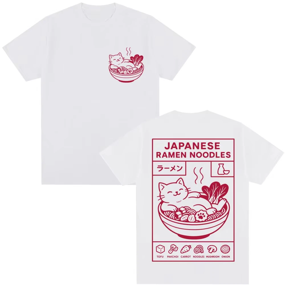 Japanese Style Ramen Noodles Cat Funny T-shirts Men Women Fashion Harajuku High Quality T Shirt Oversized Cotton Casual T-shirt