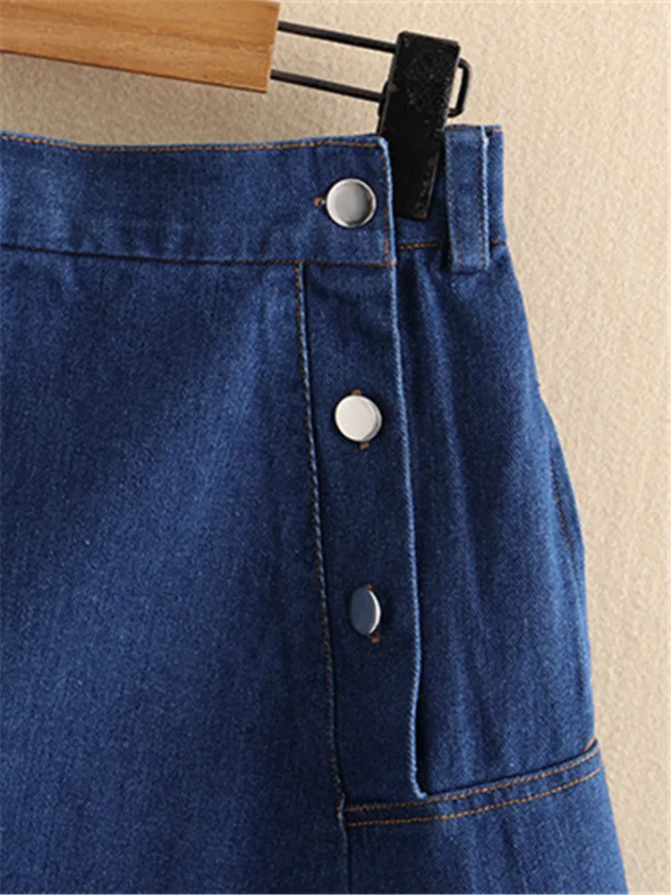 Plus Size Women\'s Denim Skirt Elastic Belt Button Loose Large Skirt Hem Knee-Length Skirt Thin Denim Fabric Umbrella Skirt