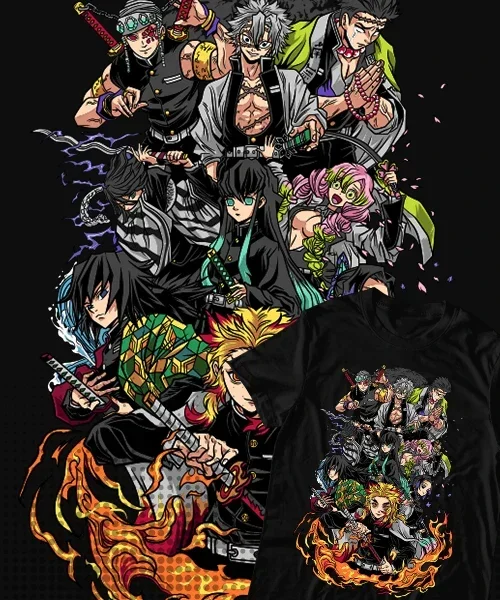 

Camiseta unisex Demon Slayer personajes en combate Pilares y Ex pilares Cotton anime T-shirt