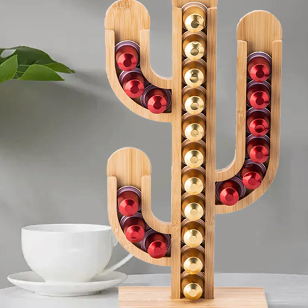 Cactus Shape Coffee Pod Holder Bamboo Organizer Large Capacity Surface Stand Office Kitchen Coffee Capsule Display Rack