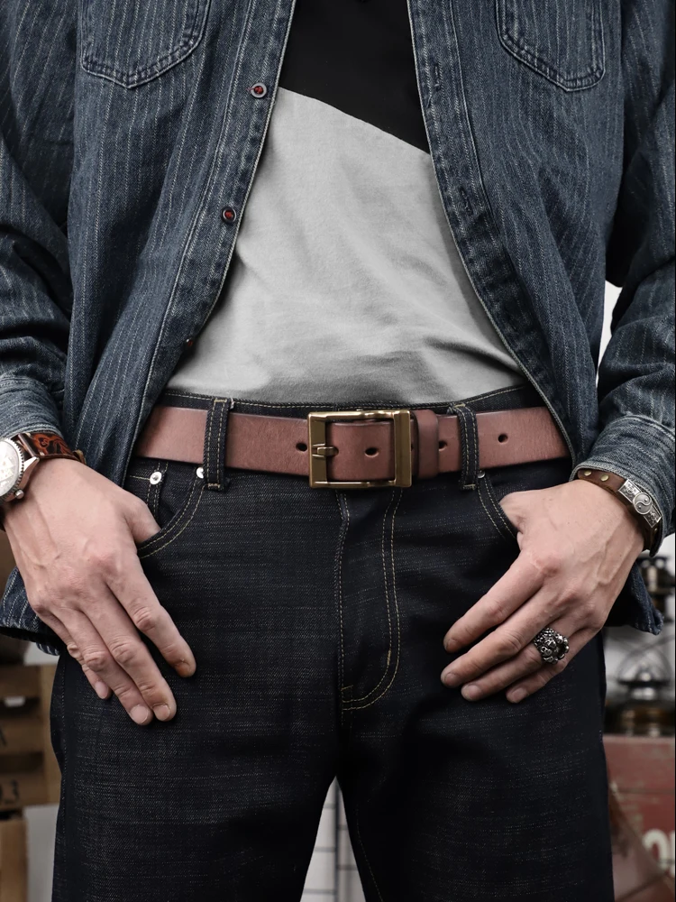 3.8CM Thick Cowhide Copper Buckle Belt Genuine Leather Men Belt For Jeans High Quality Handmade Leather Strap Male