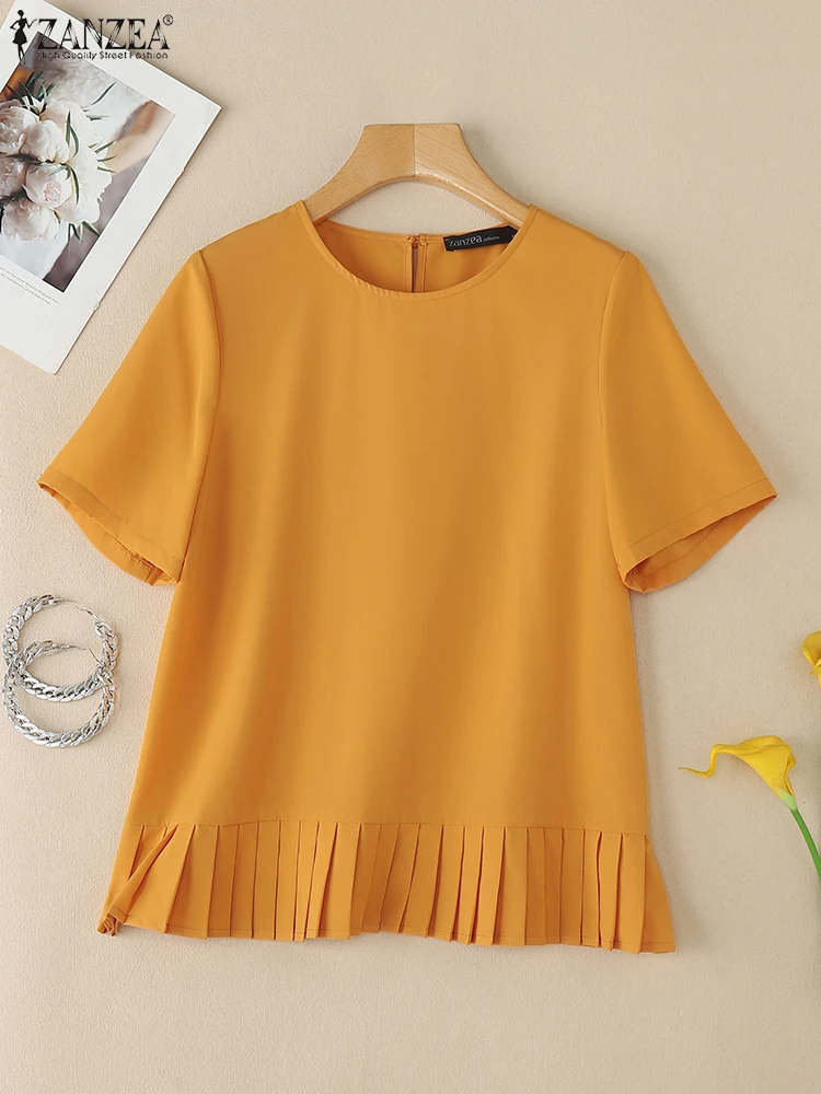 Camicette estive a maniche corte ZANZEA Tunica solida da donna Top Camicia da lavoro casual alla moda Elegante O Collo a pieghe Blusas Chemise allentato