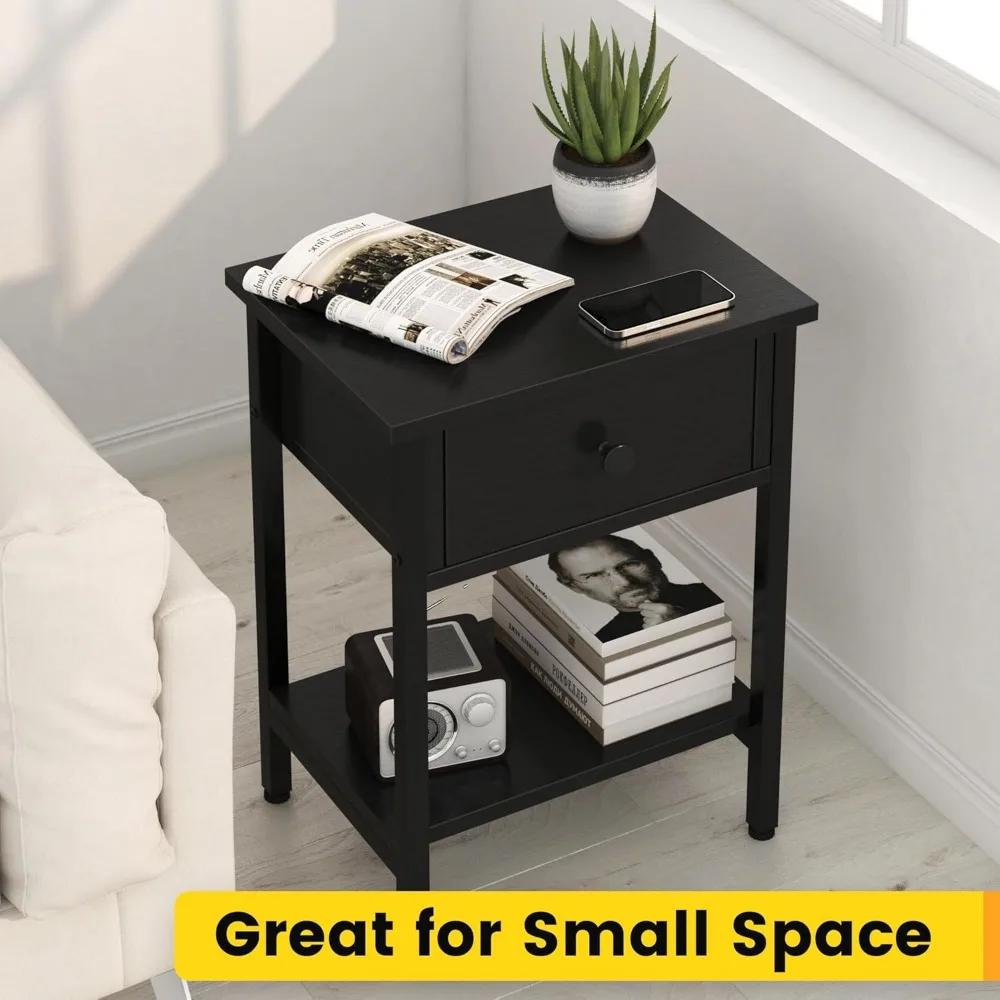 طاولات ليلية مزدوجة قوية مع أدراج، زوج من طاولات السرير الجانبية مع أرفف تخزين، طاولات جانبية لغرفة المعيشة وغرفة النوم ثقيلة