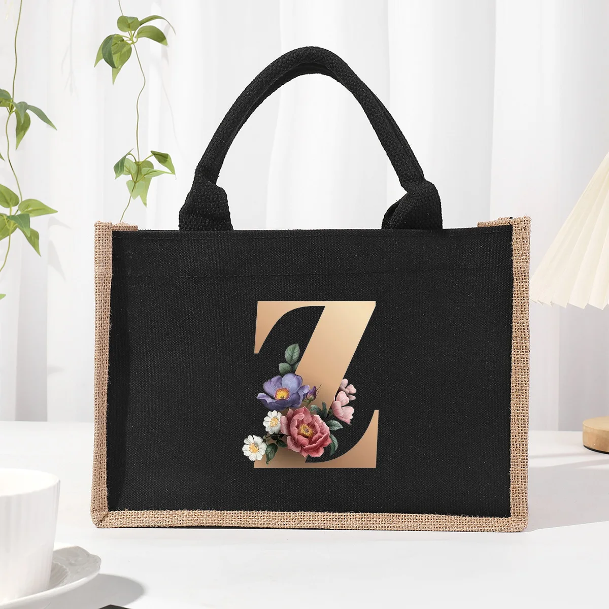 Gold  Letter Black Patch Linen Canvas Handbag, Interior Waterproof, Large Capacity Commuter Bag Storage Bag