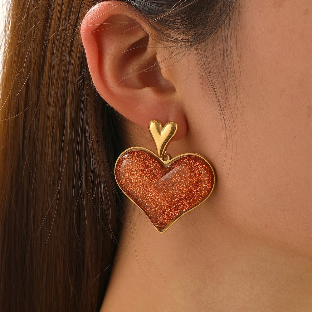 MEYRROYU 316L Stainless Steel Fashion Orange Glossy Acrylic Resin Heart Earrings Lady Trend Classic Earbob Jewelry Glamorou