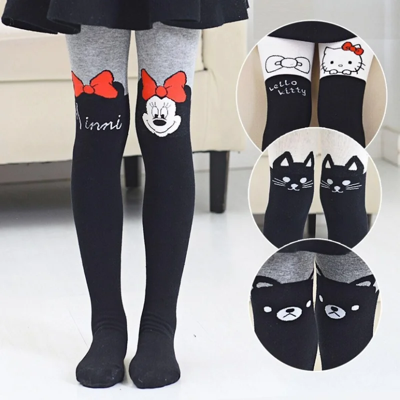 DISNEY Children Tights for Girls Cotton Knitted Kids Girls Pantyhose Cute Minnie Print Soft Baby Leggings White Black Tight