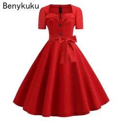Red Party Vintage Dresses for Women Summer 50s 60s Retro Swing Rockabilly Vestidos Elegant Black Polka Dot Office Casual Dress