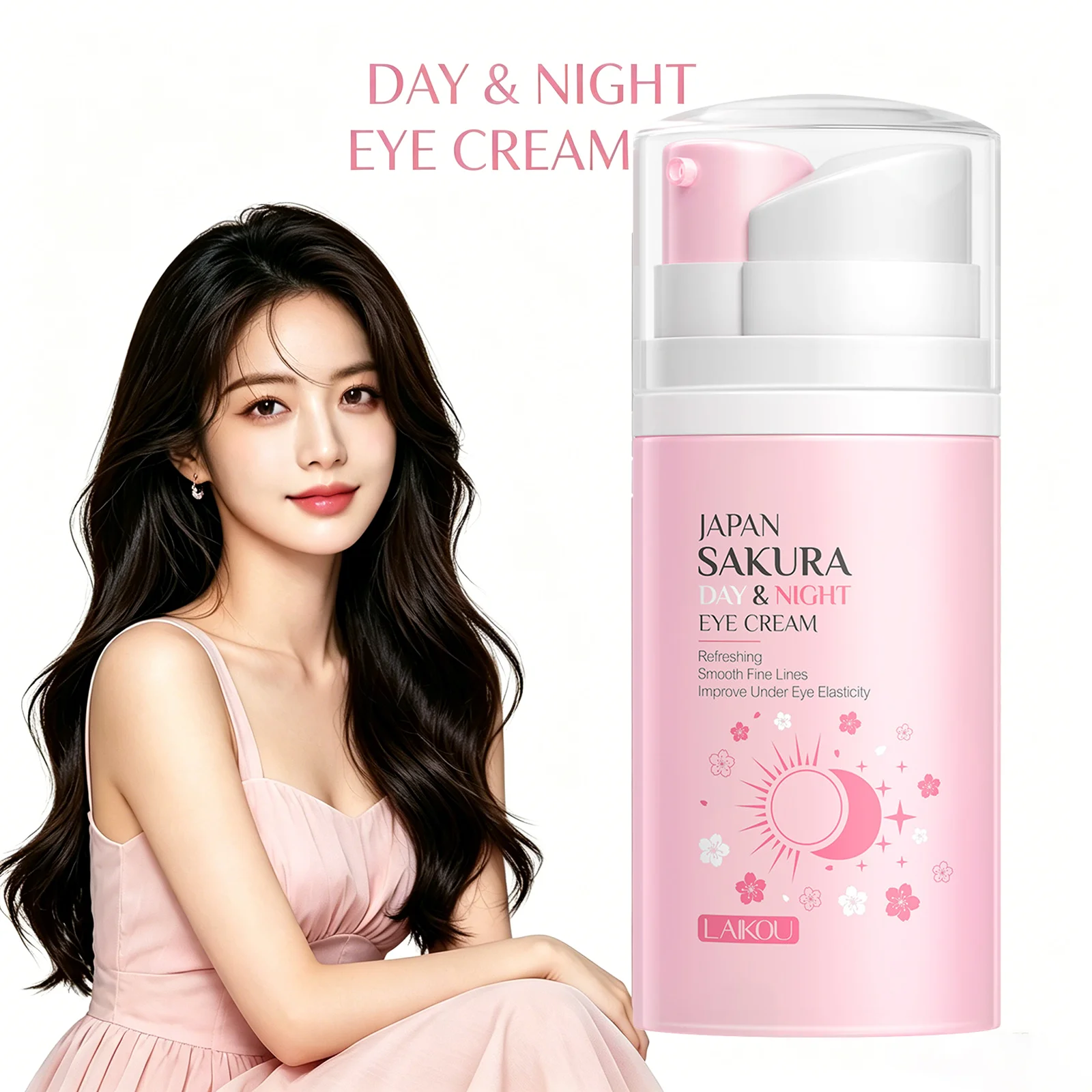 LAIKOU Japan Sakura Day Night Pump Eye Cream Refreshing Smooth Fine Lines Improve Under Eye Elasticity Sakura Extract Eye Care