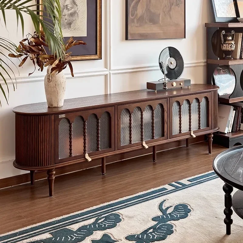 Mueble de TV de madera maciza retro francés, nuevo mueble de almacenamiento para sala de estar, mueble integrado de almacenamiento medieval para el suelo del hogar 2024