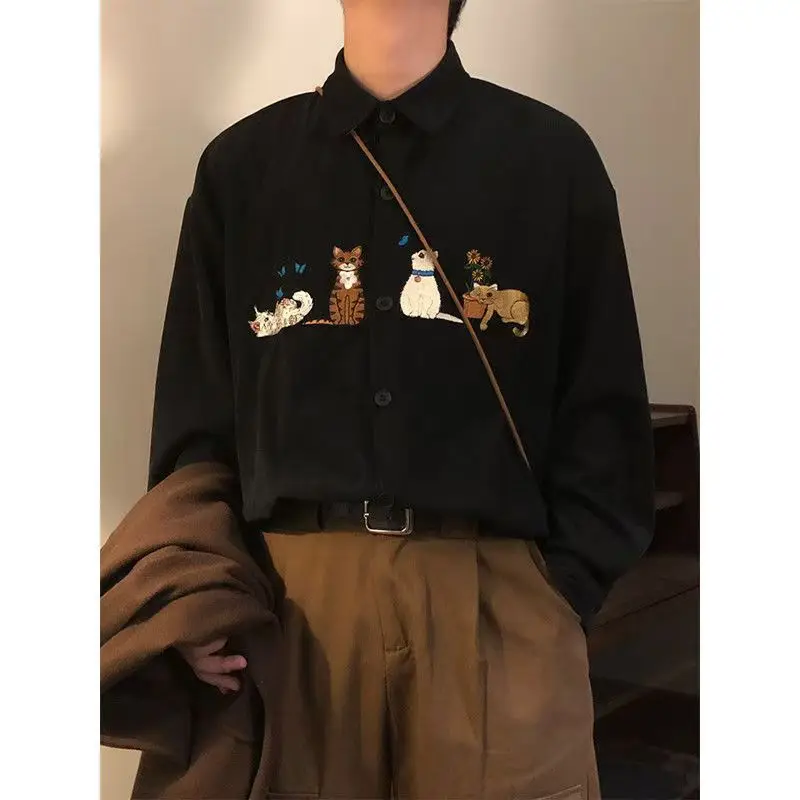 

Spring Autumn 2026 Cartoon Embroidery Fun Corduroy Retro Long Sleeve Shirt Japanese Style Unisex Cool Trendy Casual Shirt