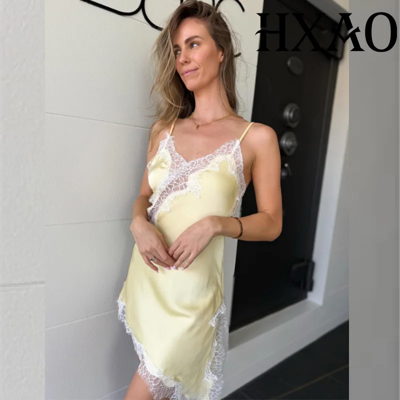 Sukienka koronkowa damska HXAO, satynowa sukienka na imprezę, sukienki damskie bez rękawów, żółta sukienka na Nowy Rok, asymetryczna sukienka bez pleców, seksowne sukienki.