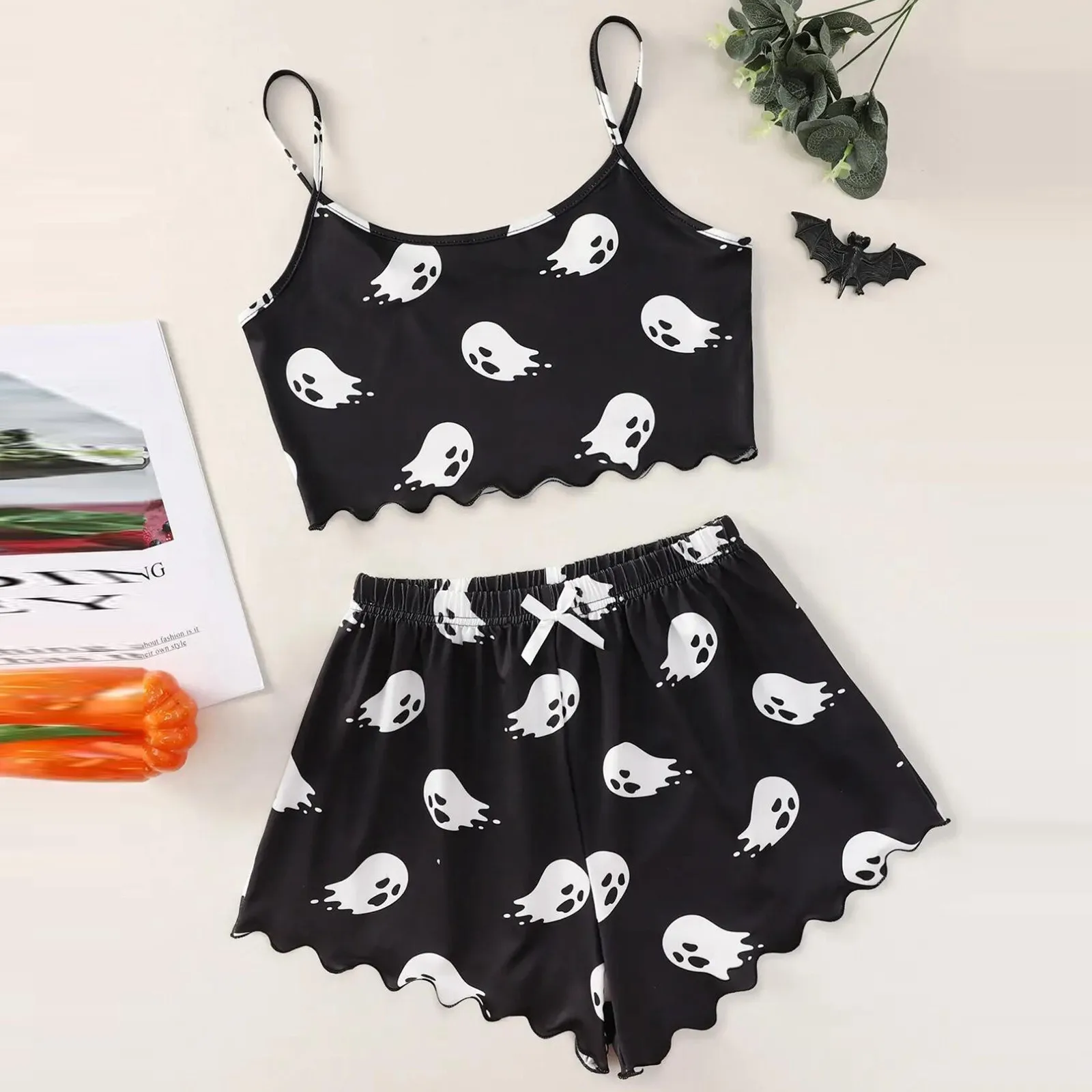 Women Halloween Spaghetti Strap Pajamas Sets Sexy Gothic Pumpkin Print Sleeveless Camisole+Shorts Suit Homewear Underwear Summer