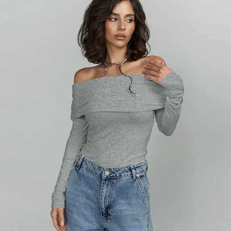 Jesień Zima Koszulki Damskie Nowa Moda Uliczna Długie Rękawy Wszechstronny Szary T-Shirt Seksowna Off Shoulder Lady Casual Slim Odzież