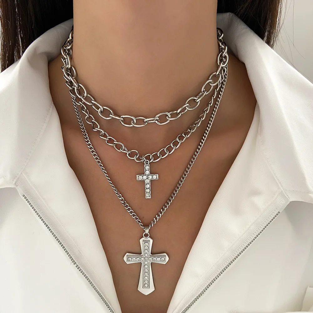 Punk Style Zircon Cross Pendant Necklace for Women Vintage Pearl Crystal Choker Chains Religious Jewelry Trendy Hip Hop Gifts