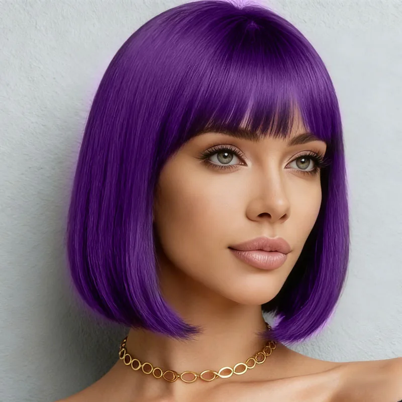 12 inch purple wig with bangs design, made of high-temperature fiber synthetic material, suitable for daily cosplay wear image 3