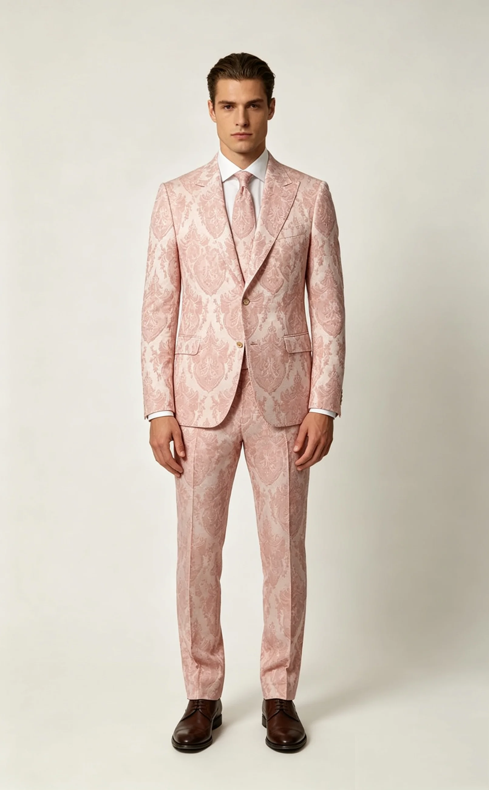 

Pink Printed Men Suit Set 2 Pcs Blazer+Pants Cotton Prom Wedding Tuxedos Coat Customized Formal Office Groom Jacket