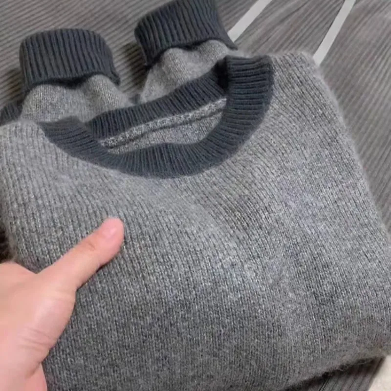 الراقية الجولة الرقبة 100% سترة الكشمير المعنقة المرأة الخريف والشتاء فضفاضة الصوف محبوك سترة البلوز