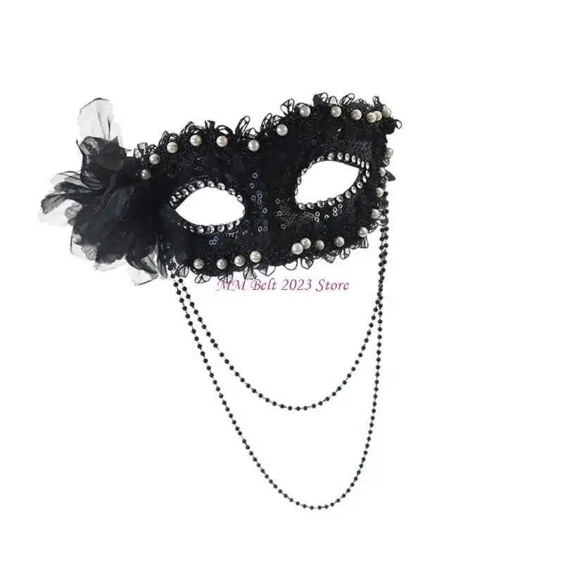 49ME Halfgelaatsmasker met elegante zijbloem en imitatieparels Lichtgewicht praktisch plastic Halloween-feest essentieel