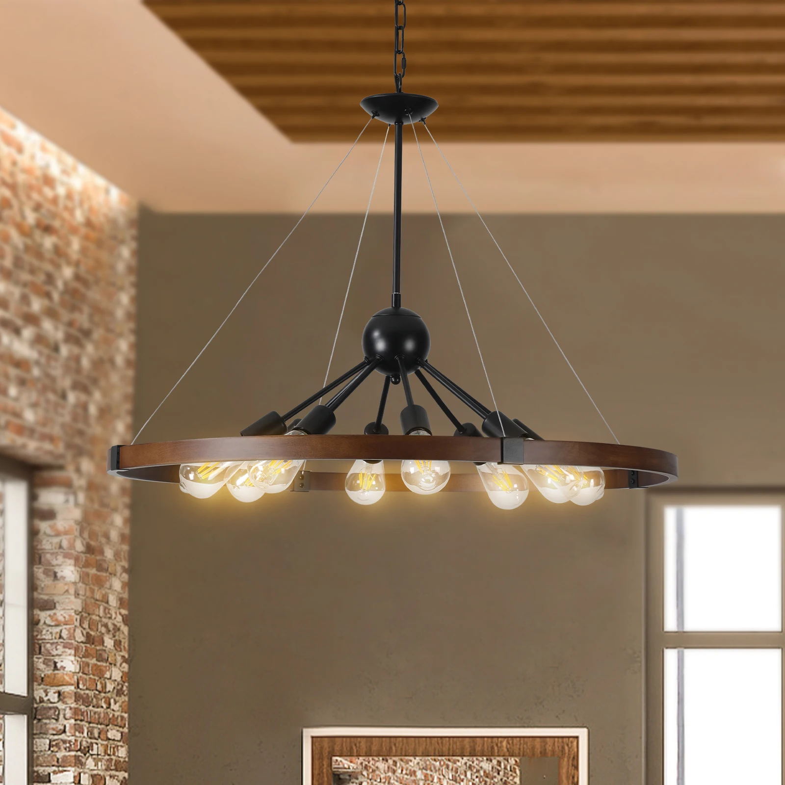 Contemporary Rustic Chandelier Round Wooden Wheel Chandelier Ceiling Lighting Decorative Chandelier For Dining Room Kitchen