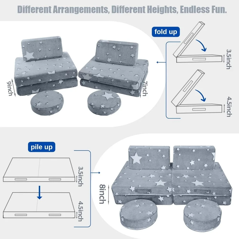 MeMoreCool Kids Couch Glow Sofa Modular Toddler Couch for Playroom, 8-Piece Fold Out Baby Couch Play Set, Children Convertible