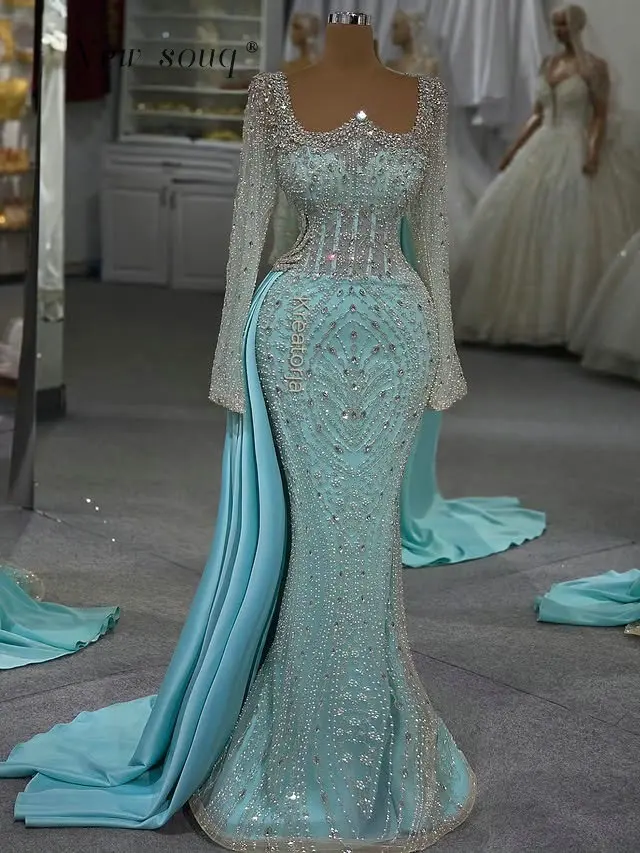 Elegant Sky Blue Full Sleeves Mermaid Evening Dresses with Side Skirt Arabic Crystals Formal Wedding Guest Party Gowns Customize