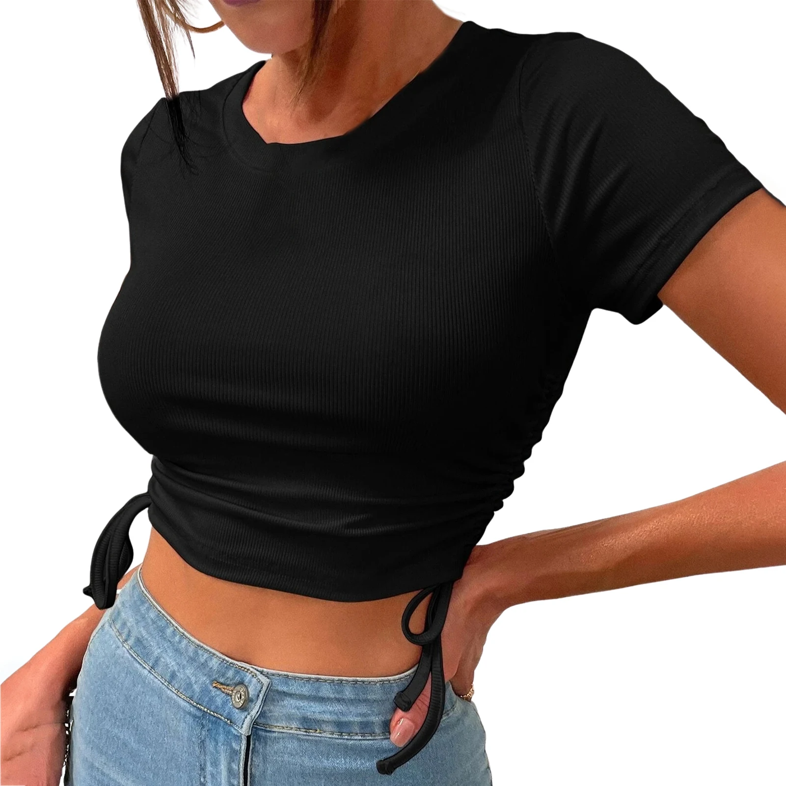 Casual Solid Color Round Neck Crop Top Women Pullover Drawstring Ruched T-Shirt Tee Shirt Summer Women Clothing