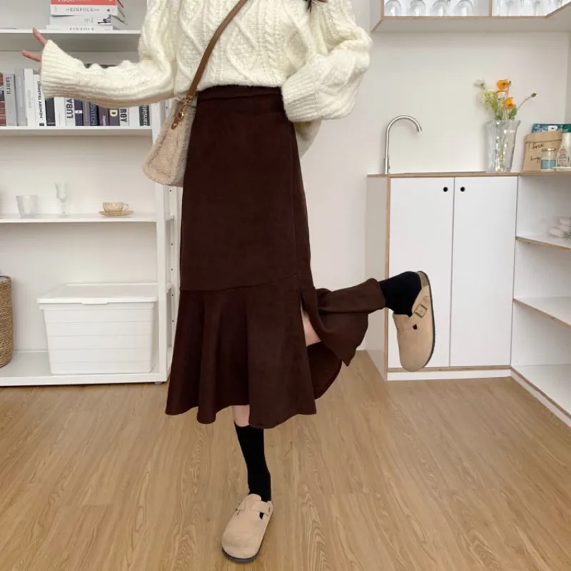 

Women's Black Knitted Corduroy Skirts, High-Waist A-line Fishtail Skirt, Slim, Plus Size, Length, Female, Autumn, Winter, New, 4